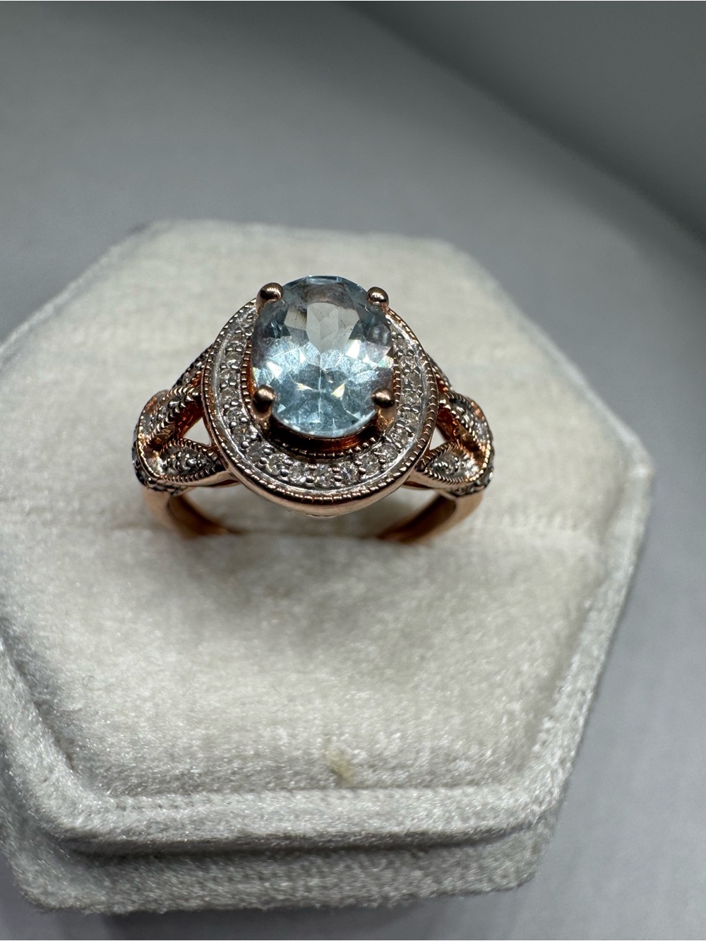 10K Rose Gold Aquamarine Diamond Ring 1/6 CT TW Size 5.5 Genuine Gemstone